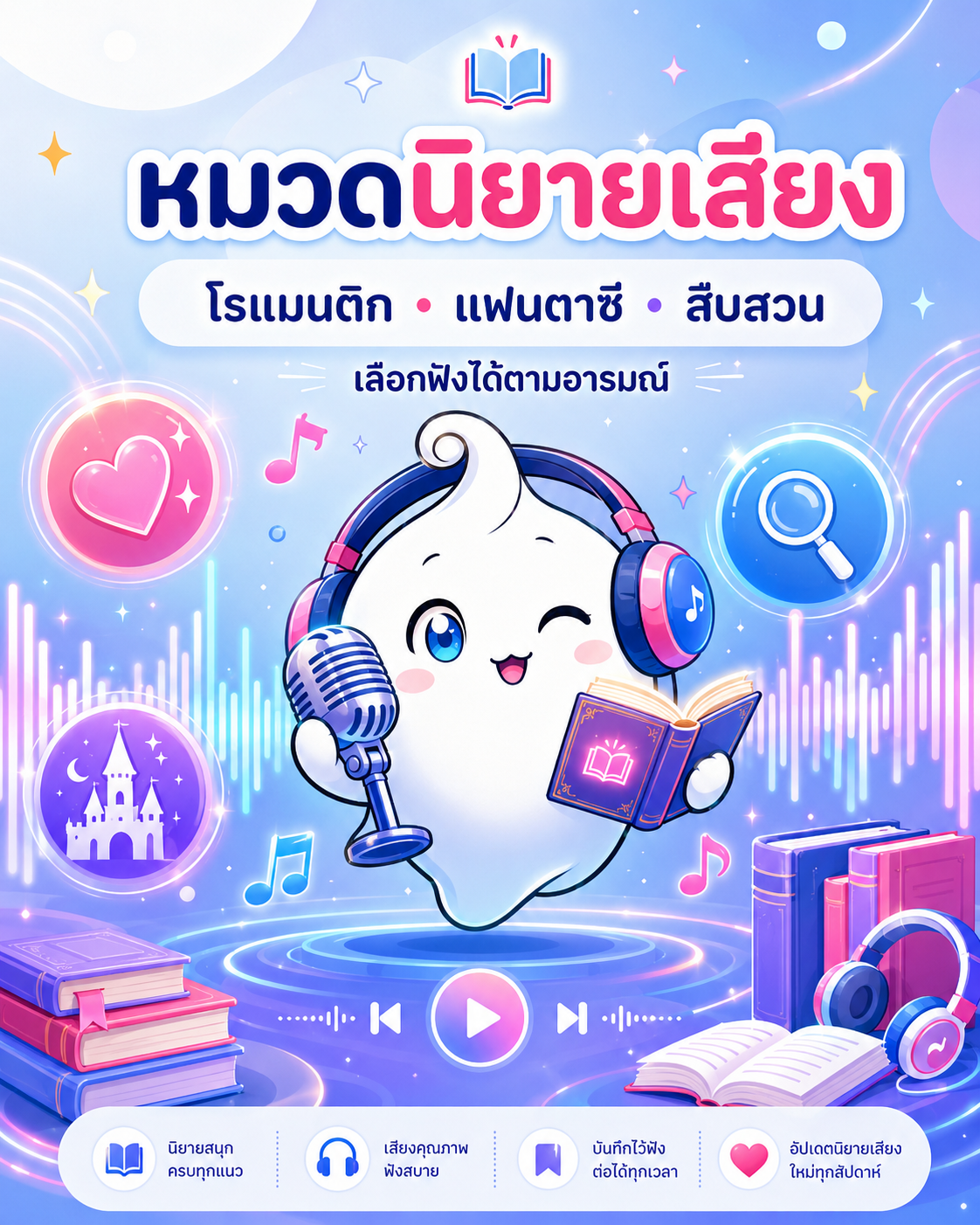 หมวดนิยายเสียง โรแมนติก แฟนตาซี สืบสวน เลือกฟังได้ตามอารมณ์